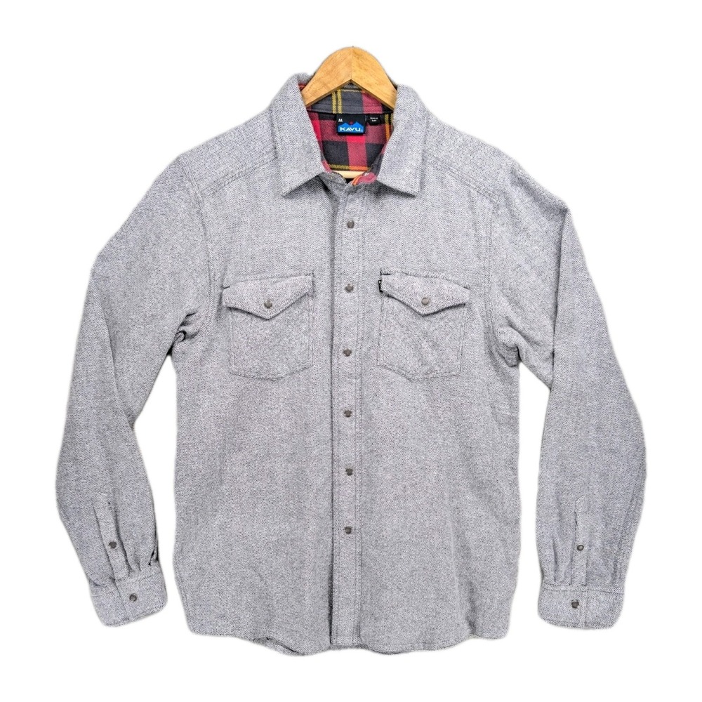 Kavu Jacket Gray Shacket Men's Size Medium Heavy Herringbone W/ Plaid Accent EUC